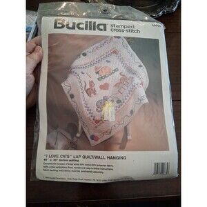 Bucilla Cross Stitch Kit #40665 I Love Cats Lap Quilt Wall 45x45 Free Ship!